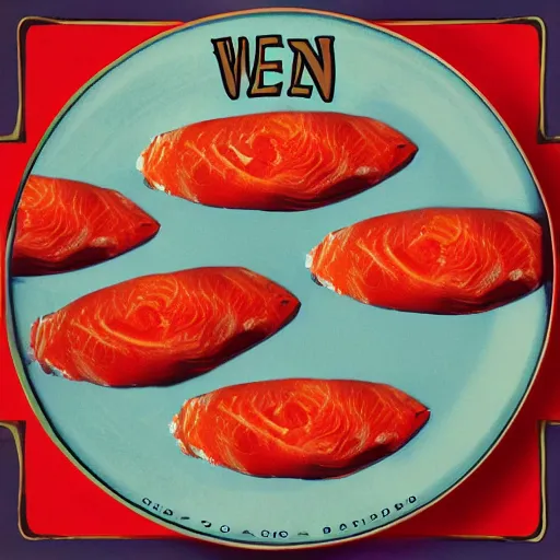 Image similar to ween album cover composed of smoked salmon