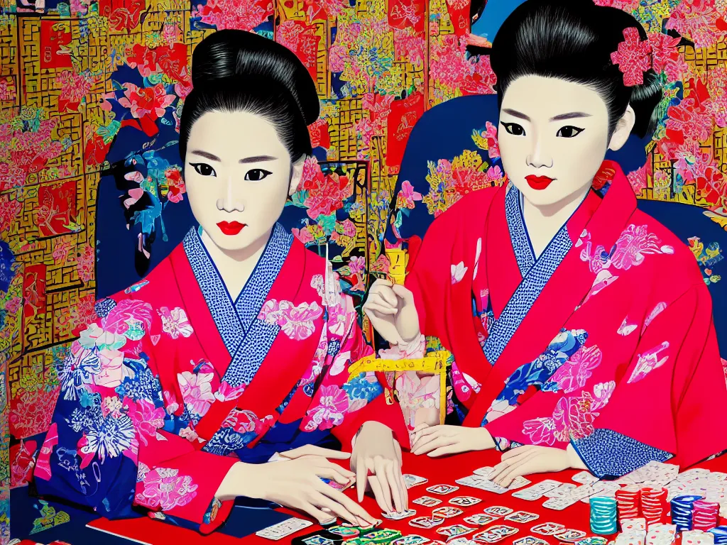 Image similar to hyperrealism composition of the detailed single woman in a japanese kimono sitting at an extremely detailed poker table with barbie, fireworks and folding screen on the background, pop - art style, jacky tsai style, andy warhol style, acrylic on canvas