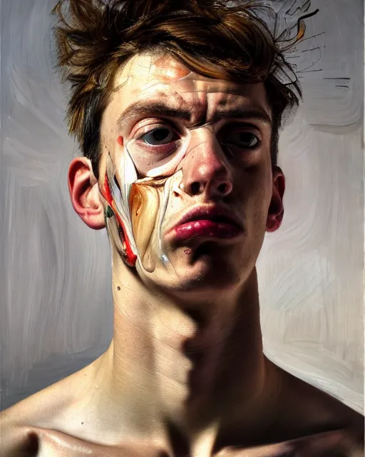 Prompt: a close up portrait a very ordinary young man with an angry expression, high angle, facing front, looking down, by Lucian Freud and Jenny Saville, oil painting, anatomically correct, beautiful perfect face, visible brushstrokes, sharp focus, Highly Detailed, Cinematic Lighting, 8k, HD