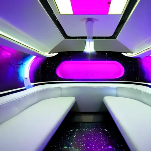 Prompt: Friends aboard a spaceship, sleek white metal interior with neon lights