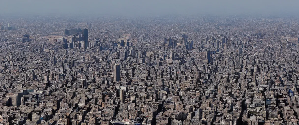 Image similar to a view of a dystopian city surrounded by a humongous wall, from the stratosphere