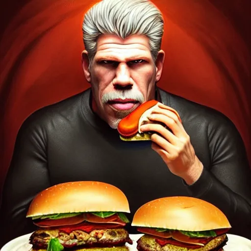 Prompt: portrait of Ron Perlman eating a giant hamburger , extra onions and ketchup, luscious patty with sesame seeds, feminine ethereal, handsome, D&D, fantasy, intricate, elegant, highly detailed, digital painting, artstation, concept art, matte, sharp focus, illustration, art by Artgerm and Greg Rutkowski and Alphonse Mucha