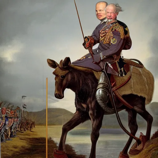 Image similar to portrait of carl xvi gustaf riding a moose into battle