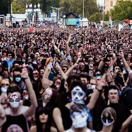 Prompt: Jesus in balaclava mask raving in a huge crowd