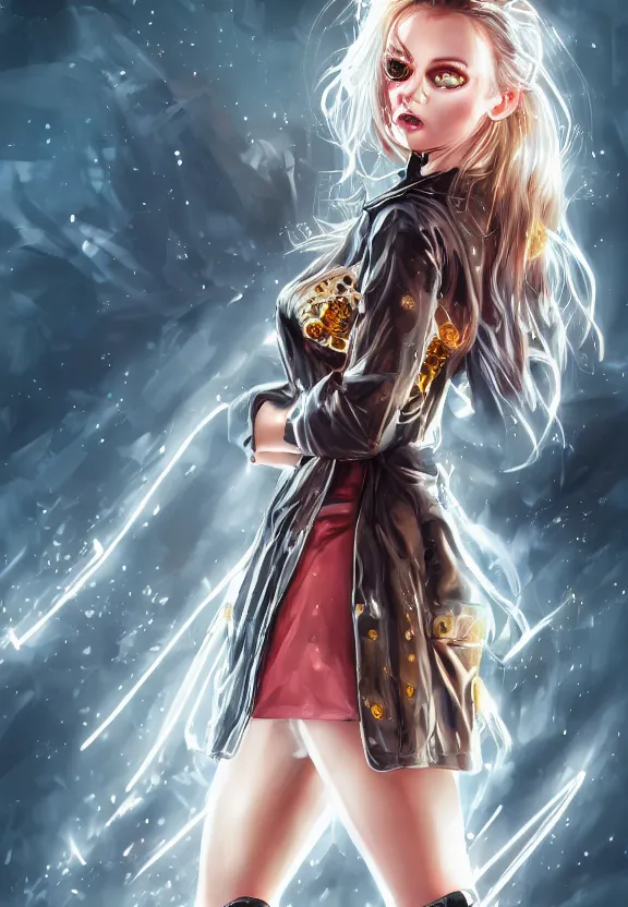 Image similar to digital illustration of a girl with eyes that burn like cigarettes wearing a short skirt and a long jacket with fingernails that shine like justice, dramatic lighting, photorealistic, full body portrait, detailed anatomy, extreme detail, 4 k, colorful, artgerm and ben lo, detailed face, f / 2. 8