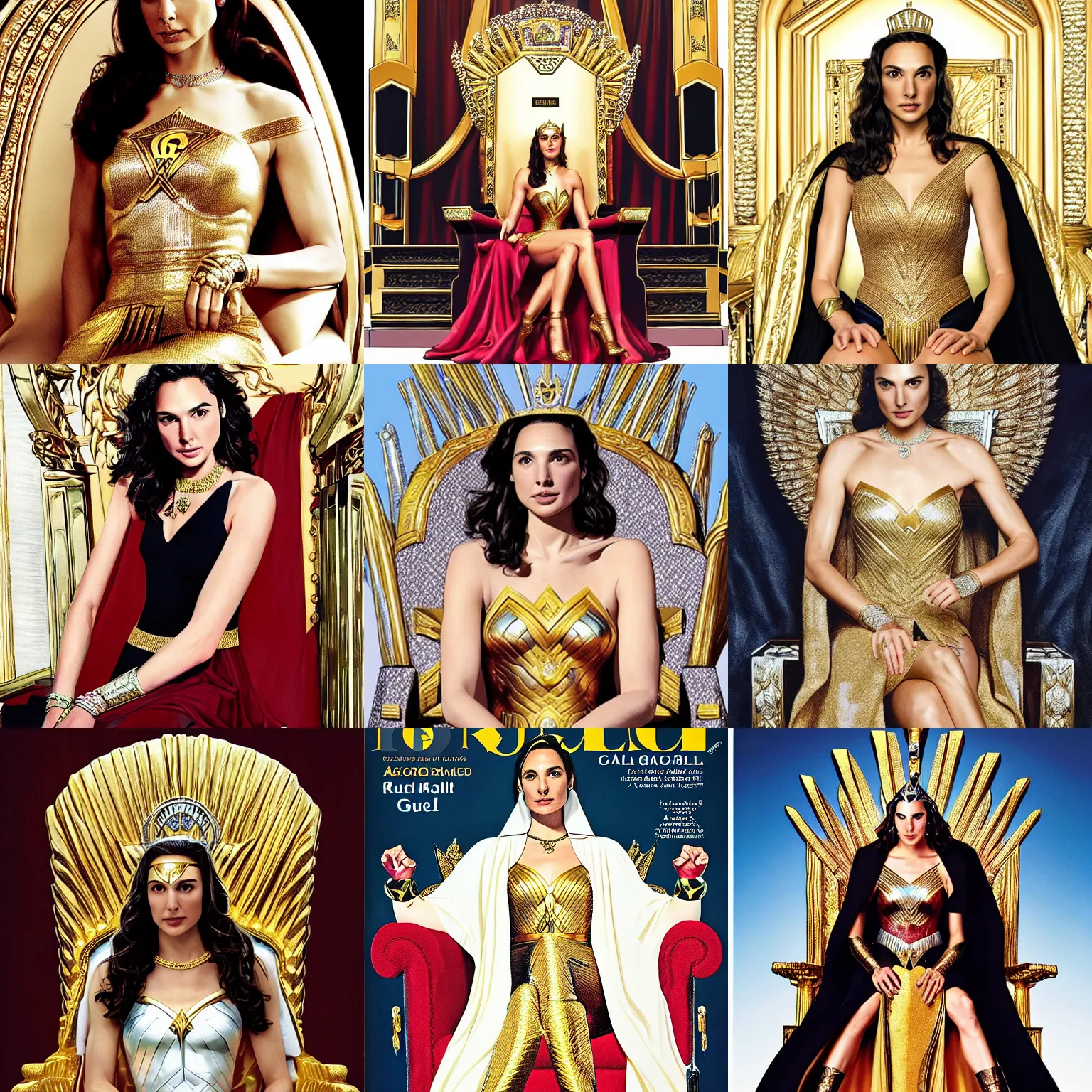 Prompt: regal gal gadot sitting on queens throne royalty wearing royal mantle gold jewelry by alex ross