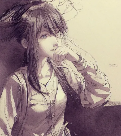 Image similar to portrait of anime girl wearing pajamas, pen and ink, intricate line drawings, by craig mullins, ruan jia, kentaro miura, greg rutkowski, loundraw