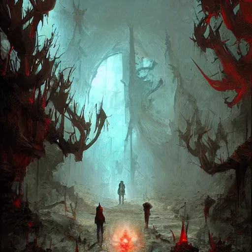 Image similar to Gods walking through hell, fantasy, by Marc Simonetti