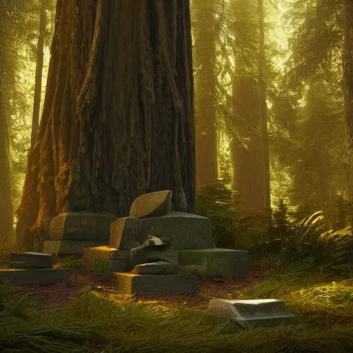 Image similar to gravestone in a redwood forest, sunlit, octane render, matte, greg rutkowski, highly detailed, hdr