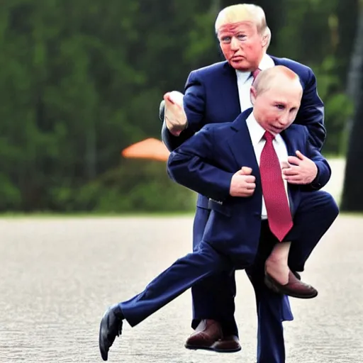 Image similar to Putin giving baby trump a piggyback ride, baby trump has a full trump haircut