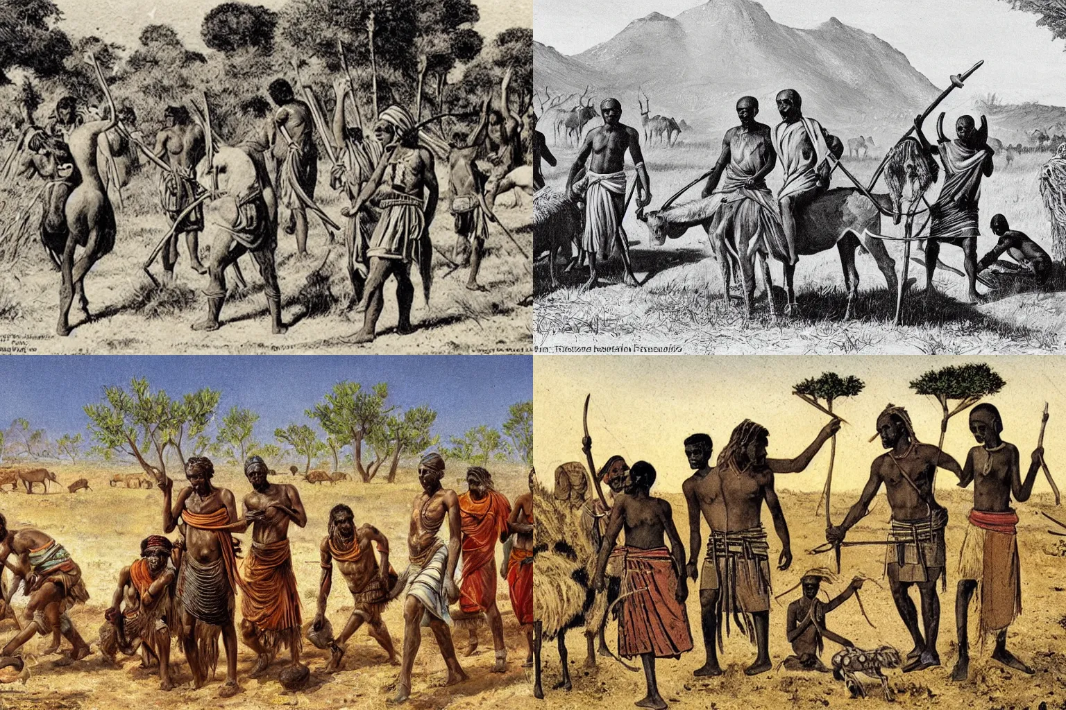 Prompt: hunter gatherers encounter pastoralists in 3000 BCE, illustration 20th century