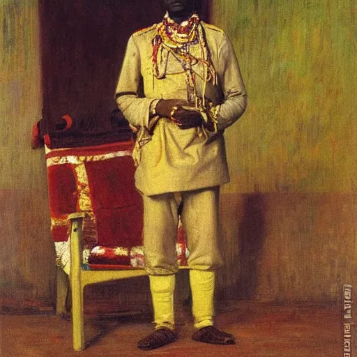 Image similar to portrait of king of dahomey outside, 1905, brightly coloured oil on canvas, by ilya repin