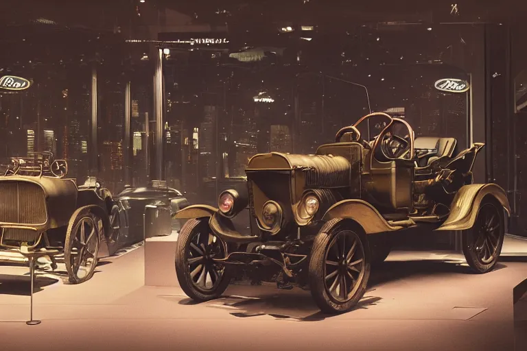 Image similar to cyberpunk 1 9 0 8 model ford t, volumetric lighting, in a museum, museum exhibit, museum lighting, 9 0 s film photo