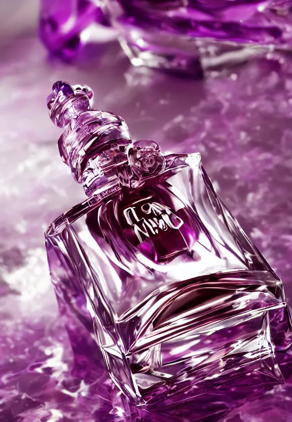 Prompt: close up shot of one premium perfume bottle containing purple liquid, the bottle is placed on a table, the bottle is in the middle of the scene ultra detail, commercial, designer product, cinematic lighting, hd artstation, symmetrical, rendered, 4k