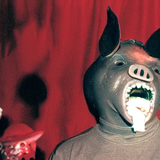 Image similar to creppy 2 0 0 3 photo of a pig masked man screaming in a dark red slaughterhouse