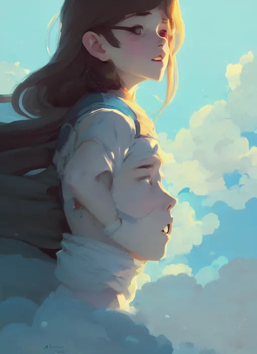 Image similar to portrait of cute maiden girl cowered, cloud sky background, by atey ghailan, by greg rutkowski, by greg tocchini, by james gilleard, by joe gb fenton, by kaethe butcher, dynamic lighting, gradient light blue, brown, blonde cream and white color in scheme, grunge aesthetic