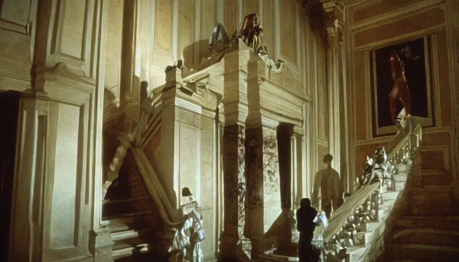 Image similar to movie still by tarkovsky of caligula knifed to death by senators on huge stairs, cinestill 8 0 0 t 3 5 mm, high quality, heavy grain, high detail, dramatic light, ultra wide lens, anamorphic