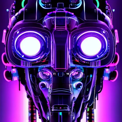 Image similar to Head of a robot with purple glowing eyes in cyberpunk neon Tokyo in style of Tsutomu Nihei. Cyberpunk, vertical symmetry, 8K, Highly Detailed, Intricate.