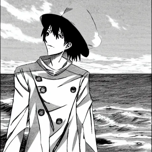 Prompt: Eren Jeager pointing at the sea wearing a fancy hat