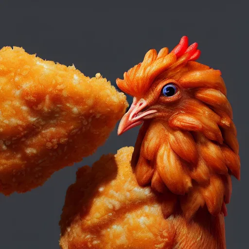 Image similar to photorealistic chicken that is eating chicken nuggets. hyperdetailed photorealism, 1 0 8 megapixels, amazing depth, glowing rich colors, powerful imagery, 3 d finalrender, 3 d shading, cinematic lighting, artstation concept art