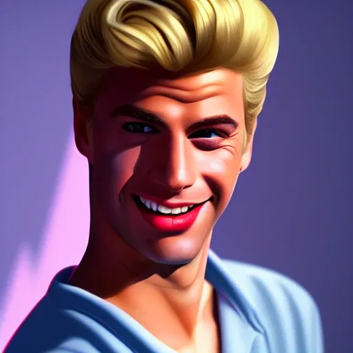 Image similar to a portrait of a beautiful blonde male from Grease (1978), smiling, Edward Hopper style, clear eyes, illustration, soft lighting, soft details, painting oil on canvas, octane render, HDR, trending on artstation, 4k, 8k, HD