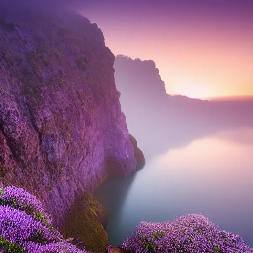 Prompt: cliff landscape with violet water, 8 k, moody, intense color, fog, sunset light, highly detailed, dream landscape, wide, high color saturation,