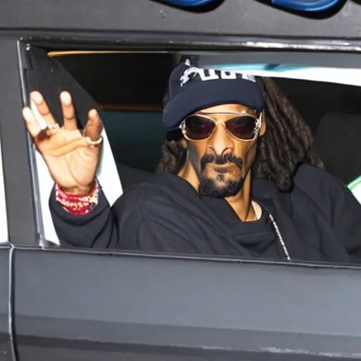Image similar to Snoop Dogg is sitting in a police car wearing a cap C-11