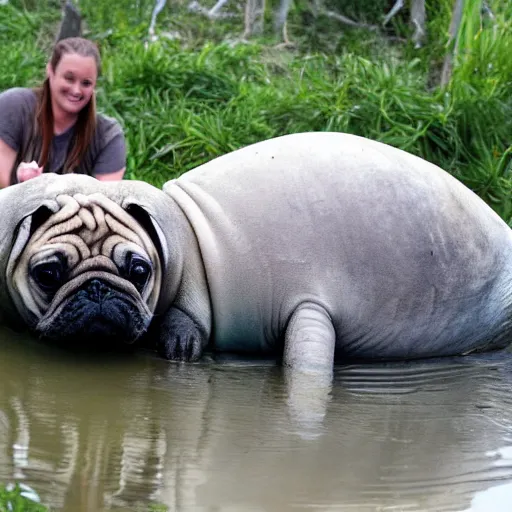 Image similar to a Manatee-Pug Hybrid, A Manatee that looks like a pug, huge tusks, afternoon hangout, good times photograph, candid