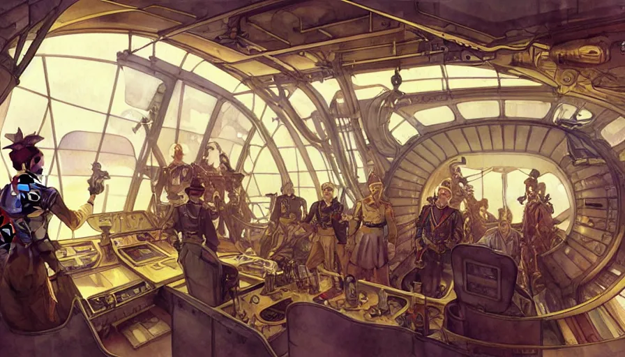 Image similar to airship interior bridge of warship, captain and bridge crew, french baroque, napoleonic, dieselpunk science fiction, steampunk, command and control center, sharp, concept art watercolor illustration by mandy jurgens and alphonse mucha, dynamic lighting