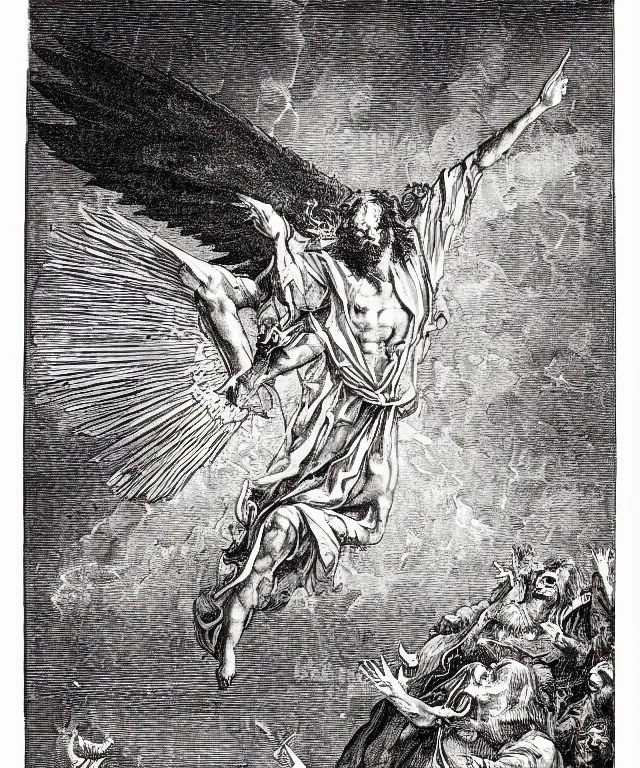 Image similar to lucifer dark shadow angel falling from heaven against a bright sky, lucifer, art by james o barr and albrecht durer and gustave dore, woodblock print, engraved, black and white, vector, vector art