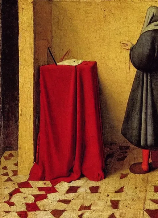 Image similar to red cloth of the floor, medieval painting by jan van eyck, johannes vermeer, florence