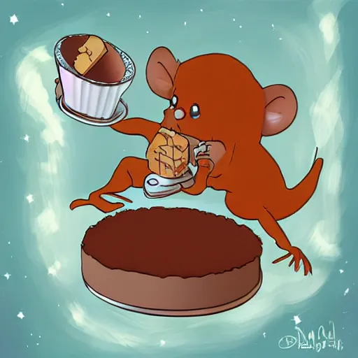 Prompt: a squirel in space eating a cheesecake, digital art