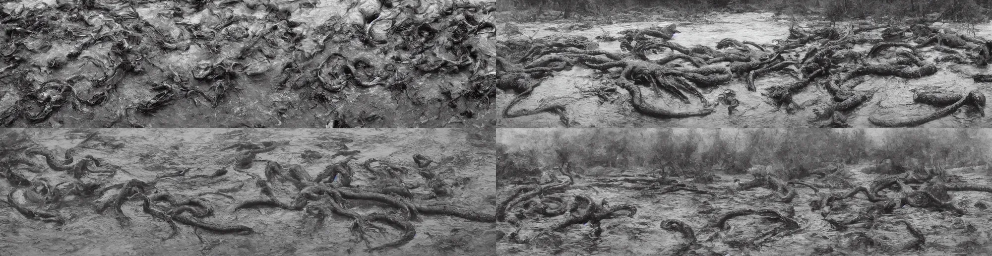 Prompt: wide angle river, low angle panorama scary unproportionable dead body of oversized giant octopus on side of the tribal river next to fismen standing in water, heavy vignette!, dramatic dark ,grayscale 1900s picture