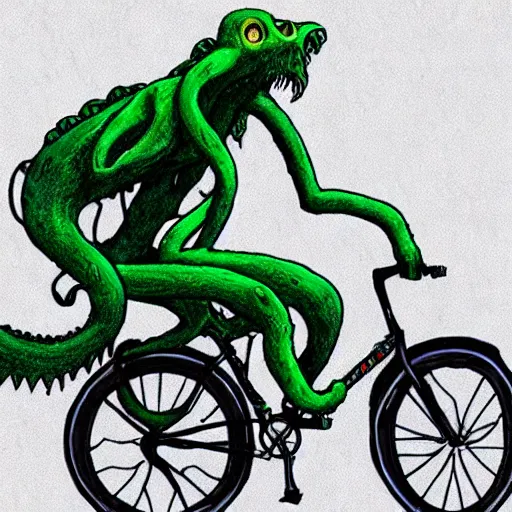 Prompt: cthulu riding a bicycle, realistic,