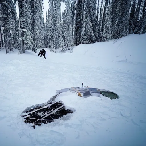 Prompt: big satellite debris scattered in snow open plane in a forest in Canada, below zero, two reporters take photos, in the style of Simon Stalenhag