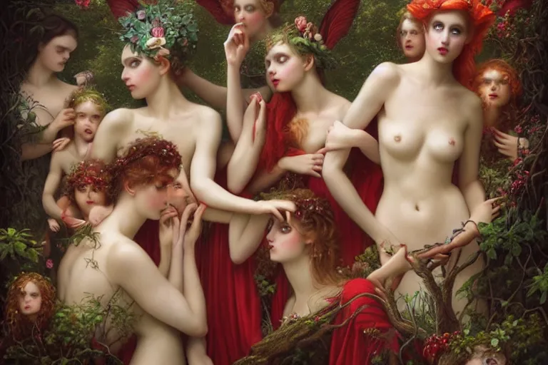 Image similar to the goddess of red solo cups surrounded by a court of nymphs, by tom bagshaw peter kemp, beautiful highly symmetric faces