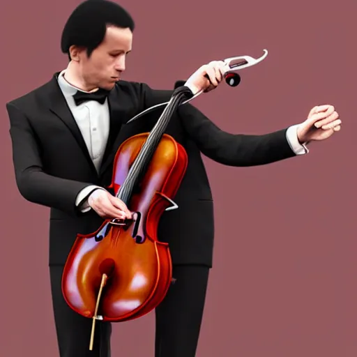 Prompt: man in tuxedo playing a cello shaped like a pair of kidneys, photorealistic, photoshop, art station, cgi, hyper detailed