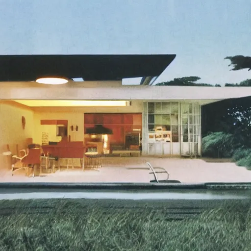 Prompt: architecture ad for a mid-century modern house by the beach designed by Norman foster. Film grain, cinematic, colorized, yellow hue.