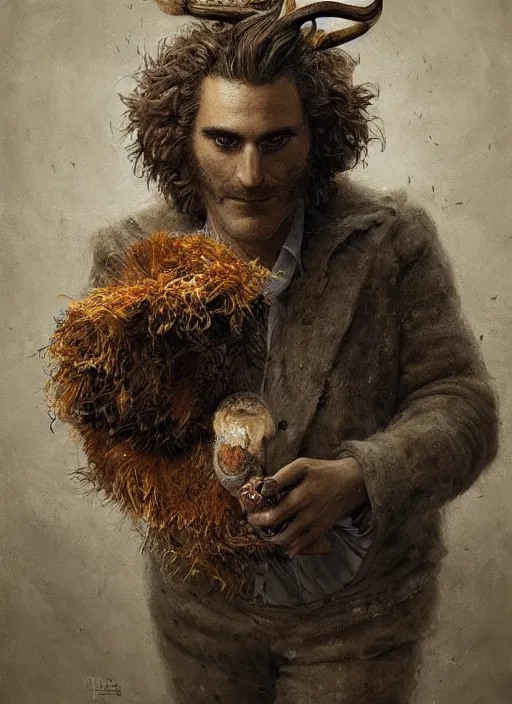 Image similar to a hyper detailed painting of an anthropomorphic joaquin phoenix as the king of animals, cow horns, pig nose, sheep wool, chicken feathers, horror, by anna podedworna, by miklos ligeti, by diego maricato, by taran fiddler, by antonino truisi, by chris reddie, on artstation