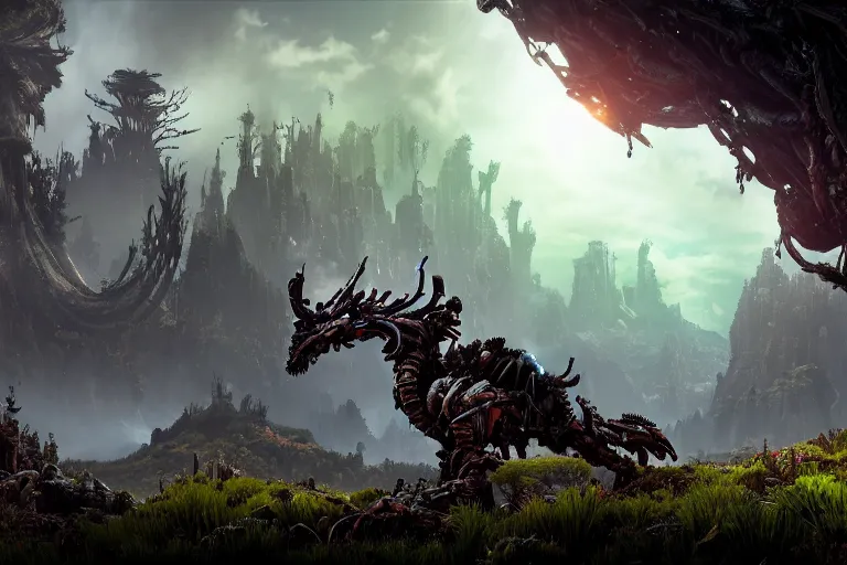 Image similar to wide epic shot from horizon forbidden west. a hyper detailed organic mechanic creatuve realistic similar look as horizon forbidden west horizon zero dawn, bioluminiscence in a dark deep forest at dawn in spring, with reflection and textures, by kilian eng, substance painter reaslitic mech surface metal painted scratches, world env from horizon forbidden west horizon zero dawn