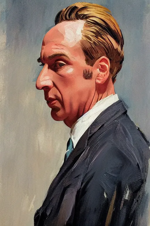 Prompt: sharp saul goodman wearing colorful suit, painting by jc leyendecker!!!, angular!!!, triangle brush strokes, ( painterly ), vintage, crisp!