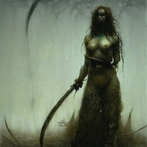 Prompt: A cute barbarian girl by Beksinski