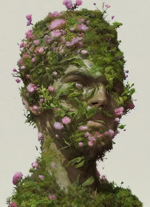 Image similar to a man made of moss and flowers, full body view, beautiful high quality realistic fantasy art, trending on artstation by artgerm and greg rutkowski and alphonse mucha