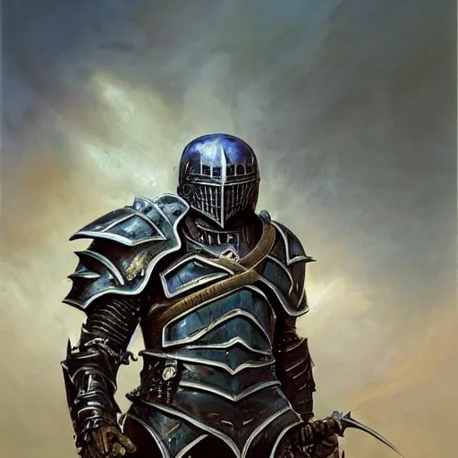 Image similar to a death knight in armor with a large sword, standing victorious in the middle of a battlefield, in the style of michael whelan, oil on canvas,