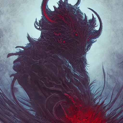 Prompt: a void beast with shadowy tendrils and piercing red eyes creeping through a white world, grunge, artstation, high quality, hyper detailed