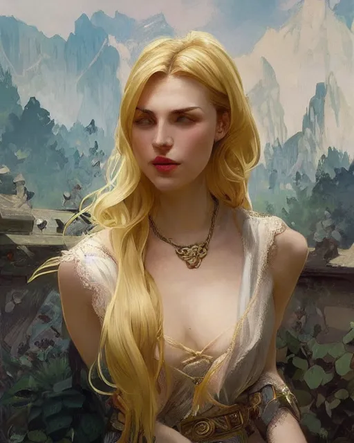 Image similar to '' Portrait of Beautiful blonde Slavic woman in her early 30’s, league of legends, LOL, fantasy, d&d, digital painting, artstation, concept art, sharp focus, illustration, art by greg rutkowski and alphonse mucha ''