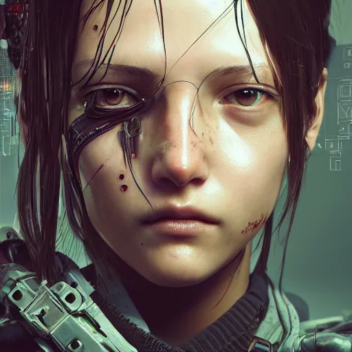 Prompt: highly detailed portrait of a post-cyberpunk young lady by Akihiko Yoshida, Greg Tocchini, 4k resolution, death stranding inspired, fragile