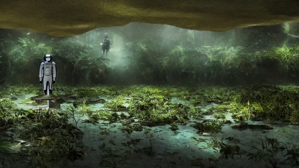 Image similar to Futuristic astronaut in an empty dark flooded ballroom overgrown with aquatic plants, film still from the movie directed by Denis Villeneuve with art direction by Salvador Dalí, wide lens