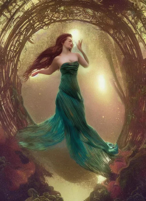 Image similar to hyper realist matte digital painting of a beautiful woman, beautiful face, underwater photography, full body, jugendstill, floating in water, flowing gown, bubbles rising, seaweed, headspace, fairytale, fantasy art, photo realistic, dynamic lighting, artstation, volumetric lighting, by mucha, by charlie bowater, by karol bak, by alma tadema