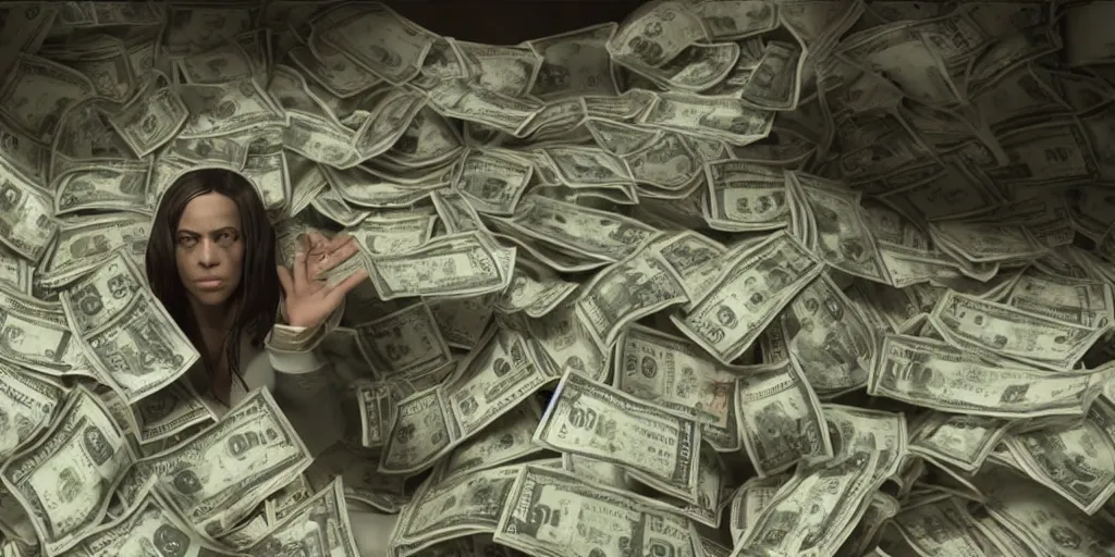 Prompt: a film still of cash money piling up in a vault, shallow depth of field, cinematic, award winning cgi, vfx, film still cfg _ scale : 2 4. 0